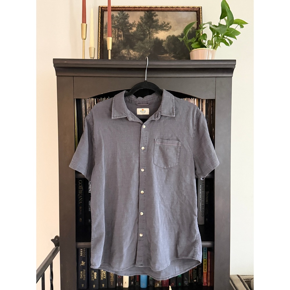 Marine Layer Short Sleeve Button Down Medium Gray Slub Cotton Pocket Shirt